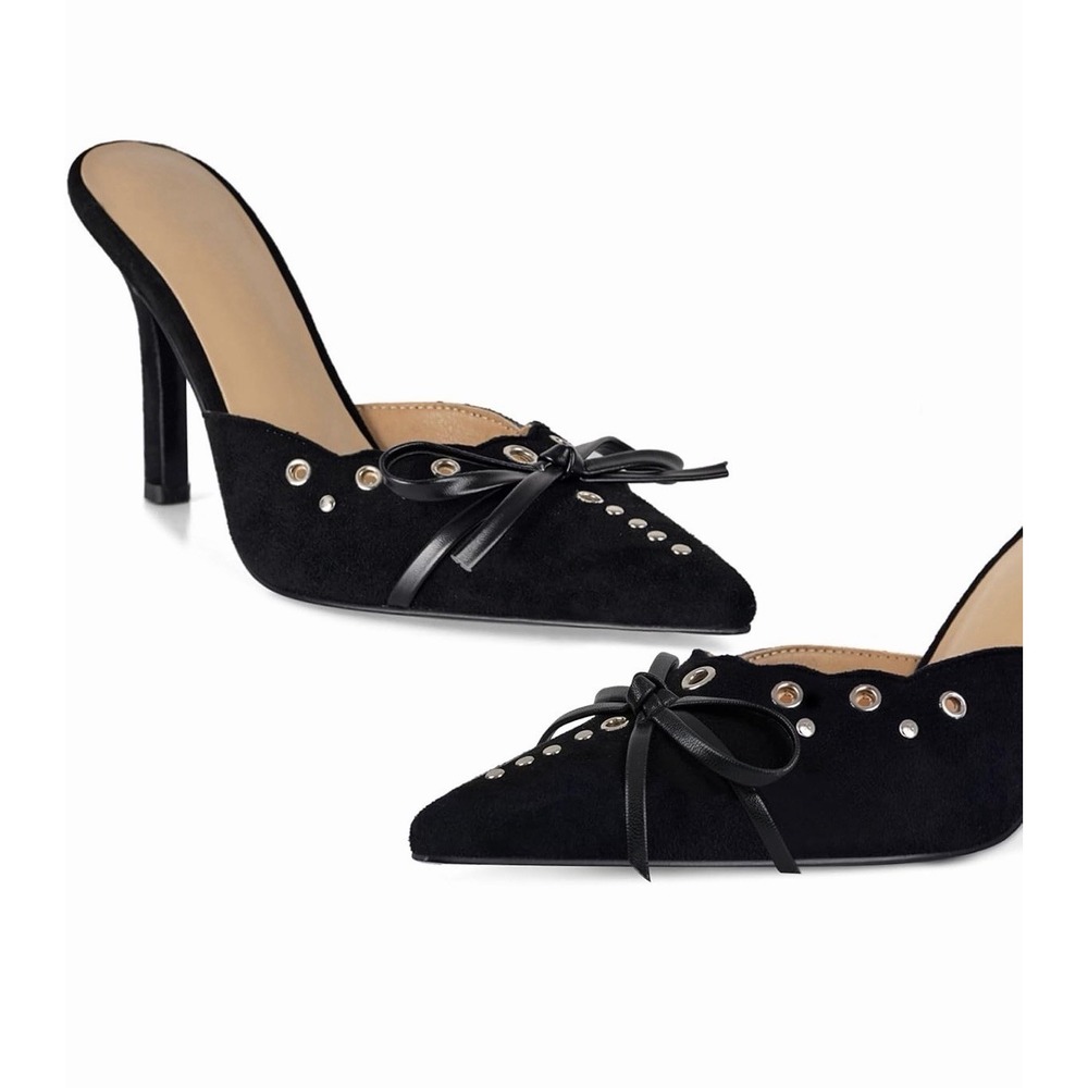 DOEYG Women Pointed Toe Studded Heels Mules Slip on Bow Tie Pump 8.5